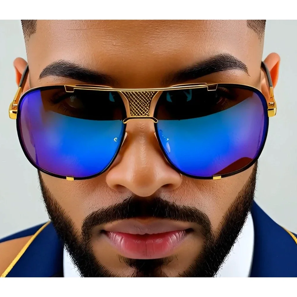 Sunglasses‎ Blue Lens Gold Accents Fashion Pilot Sun Glasses Men Street Wear New